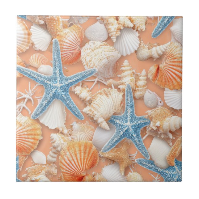Warm Peach Beach Shells Starfish Summer Tile (Front)