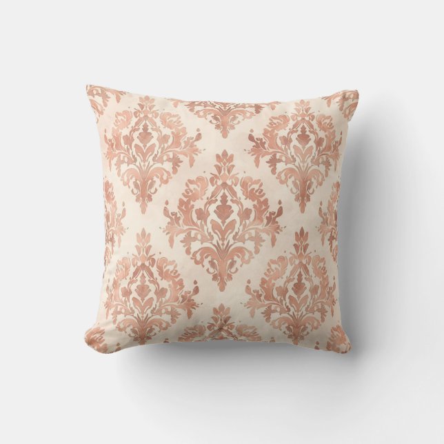 Warm Peach Damask Watercolor Ornamental Pattern Cushion (Front)