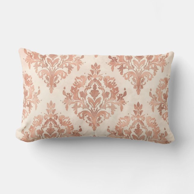 Warm Peach Damask Watercolor Ornamental Pattern Lumbar Cushion (Front)