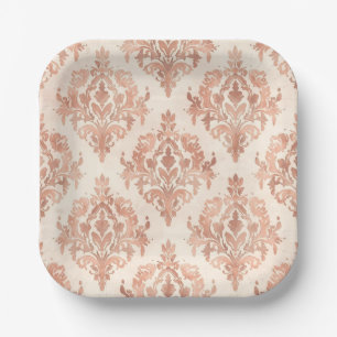 Warm Peach Damask Watercolor Ornamental Pattern Paper Plate