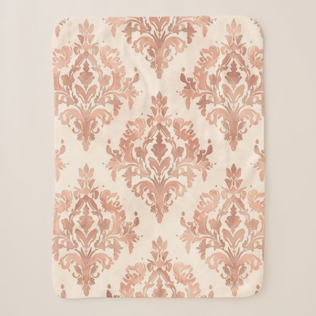 Warm Peach Damask Watercolor Ornamental Pattern Sherpa Blanket (Front)