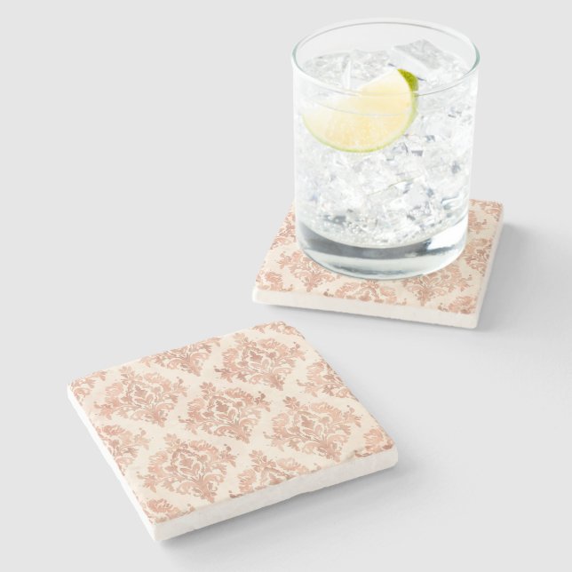 Warm Peach Damask Watercolor Ornamental Pattern Stone Coaster (Side)