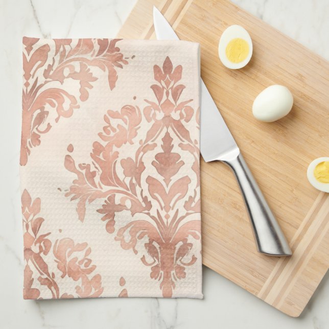 Warm Peach Damask Watercolor Ornamental Pattern Tea Towel (Quarter Fold)