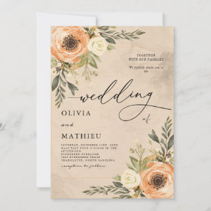 Warm Peach Floral Rustic Wedding Invitation