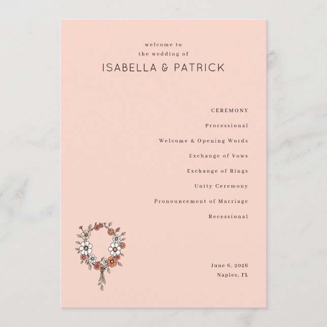 Warm Peach Floral Wreath Programme (Front)