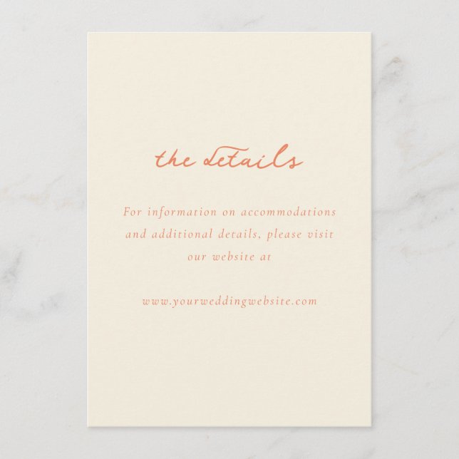 Warm Peach Minimalist Wedding Details Card (Front)