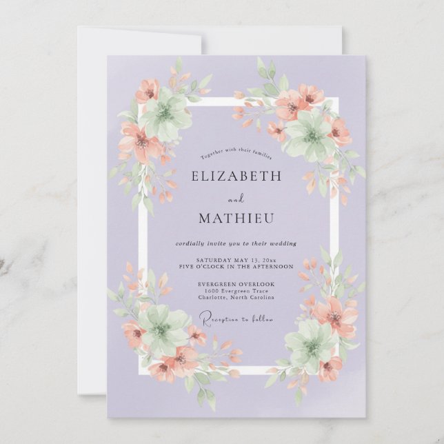Warm Peach Periwinkle Petal Wedding Invitation (Front)