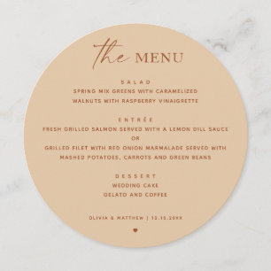 Warm Peach Sand Minimalist Wedding Round Dinner Menu