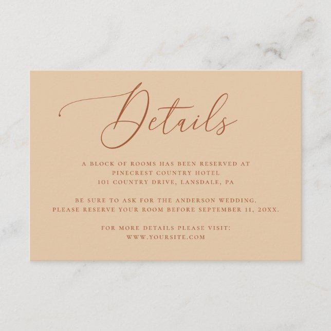 Warm Peach Sand Wedding Details | Information Enclosure Card (Front)