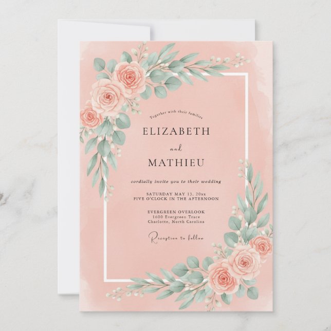 Warm Peach Seafoam Leafy Wedding Invitation (Front)