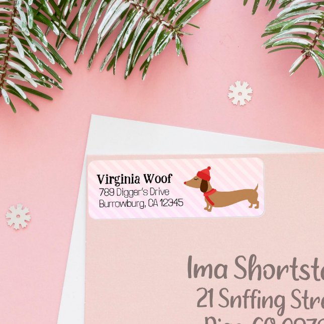 Warm Pink Dachshund Christmas Card Address Labels  (Dachshund Christmas address labels)