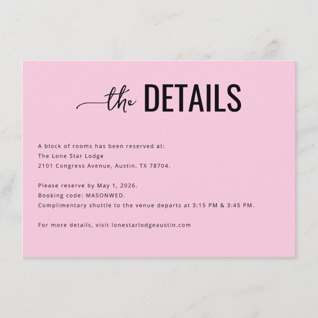 Warm Pink Minimalist Wedding Details Card (Front)