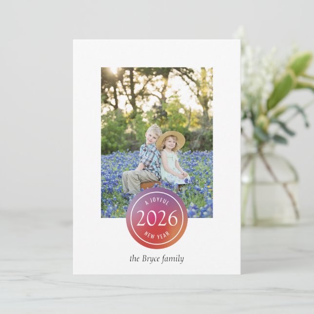 Warm Pink Simple Gradient Dot New Year Photo Holiday Card (Standing Front)