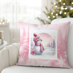 Warm Pinkmas Forest Snowman Christmas Pillow Gift