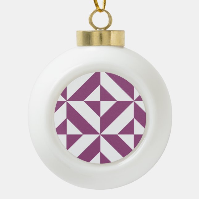 Warm Purple Geometric Deco Cube Ceramic Ball Christmas Ornament (Front)