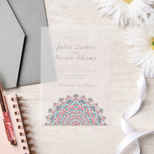 Warm Red Blue Crescent Mandala Wedding Vellum Invitations