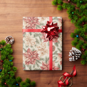 Warm Red Green Christmas Floral Wrapping Paper