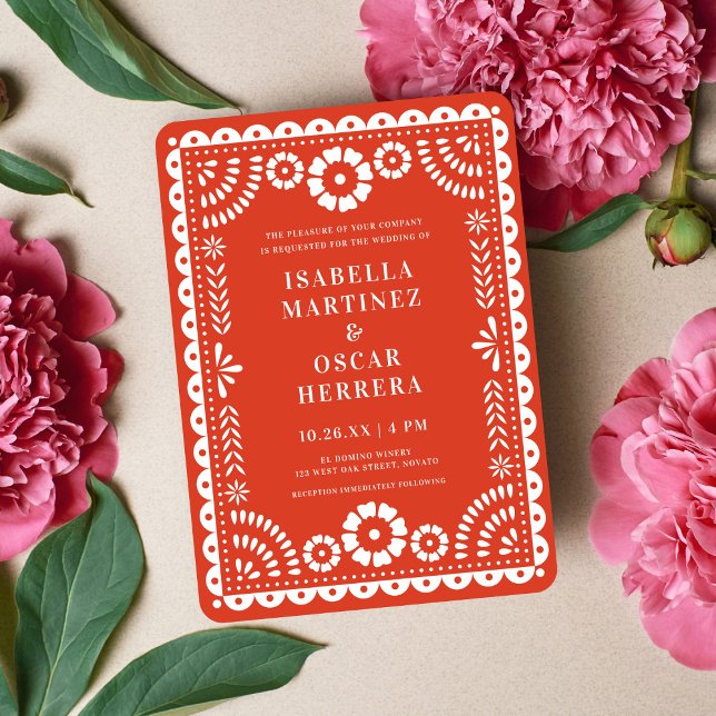 Warm Red Papel Picado Inspired Wedding Invitation (Creator Uploaded)