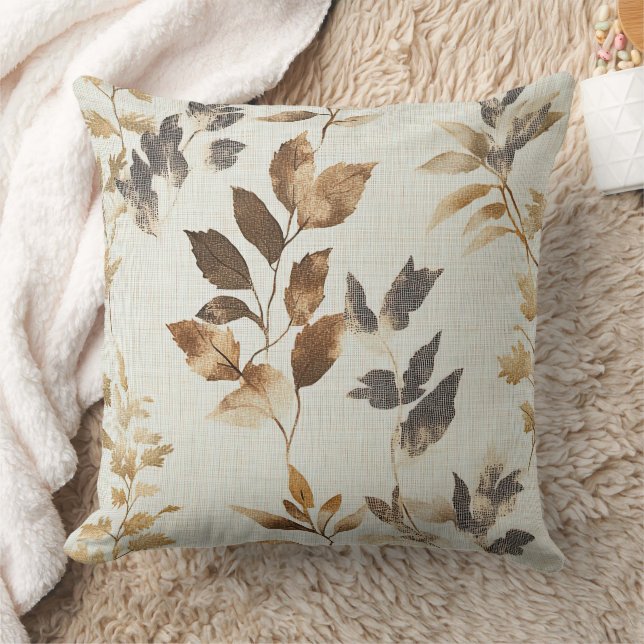 Warm Rustic Fall Leaves Pattern in Brown & Grey Cushion (Blanket)