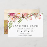 Warm Rustic Floral Wedding Save The Date Card<br><div class="desc">Warm Rustic Floral Wedding Save The Date Card Rustic but with a modern twist rustic floral save the date card featuring a mostly pink, cream and green floral arrangement. This design also features the couple's photo, which can be removed, on the back of the card. This design is ideal for...</div>