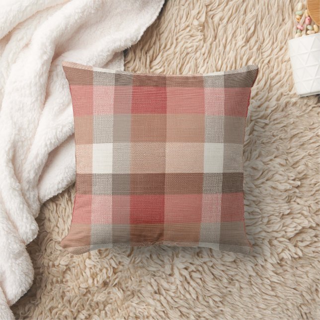 Warm Rustic Plaid Fabric Texture in Coral Cushion (Blanket)