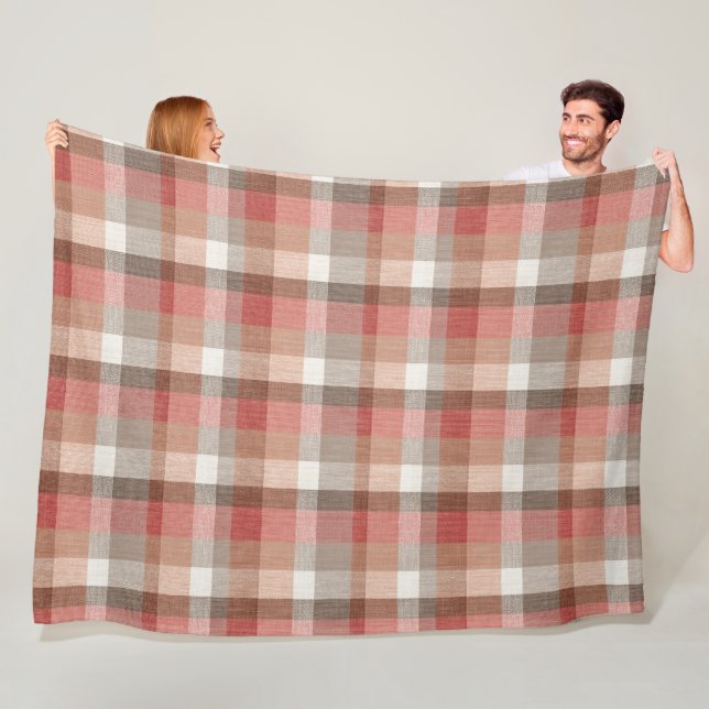 Warm Rustic Plaid Fabric Texture in Coral Fleece Blanket (In Situ)