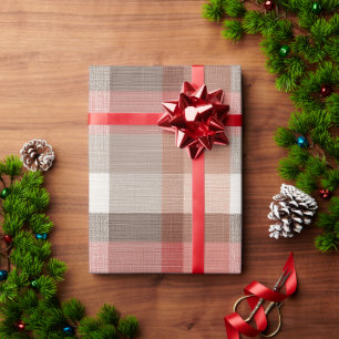 Warm Rustic Plaid Fabric Texture in Coral Wrapping Paper