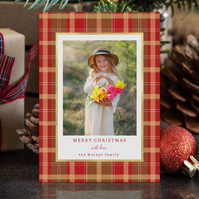 Warm Rustic Red & Gold Plaid Photo Holiday Card (Creator Uploaded)