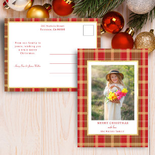Warm Rustic Red & Gold Plaid Photo Holiday Postcard