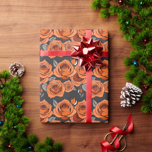 Warm Rusty Orange Roses Wrapping Paper (Holiday Gift)