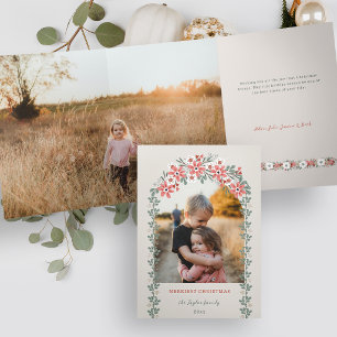 Warm Sage/Peach Christmas Floral Arch Photo Tri-Fold Holiday Card