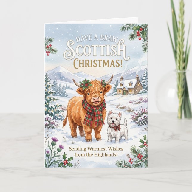 Warm Scottish Christmas Highland Cow Card (Front)