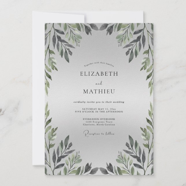 Warm Silver Grey Leafy Wedding Invitation (Front)