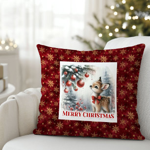 Warm snowy forest festive baby fawn scene kids cushion