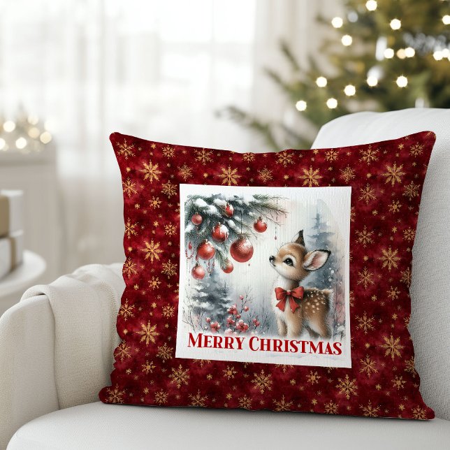Warm snowy forest festive baby fawn scene kids  cushion (Warm snowy forest festive baby fawn scene kids room decor)