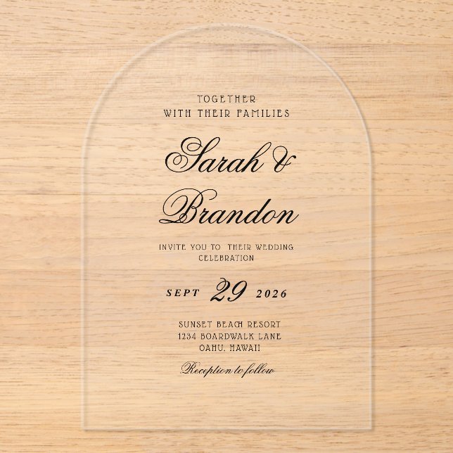 Warm Solid Colour Minimalist Script Wedding Acrylic Invitations (Front)