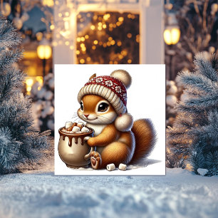 Warm Squirrel with Hot Cocoa and Winter Hat Holiday Card