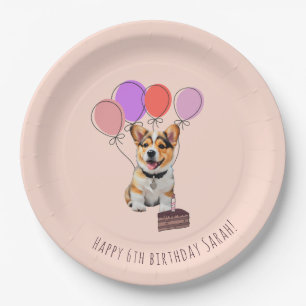Warm Sun Peachy Pink Soft Joyful Corgi Birthday Paper Plate