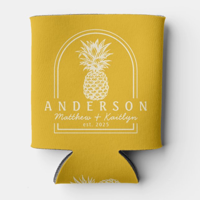 Warm Sunflower Pineapple Wedding Arch & Name Can Cooler (Front)