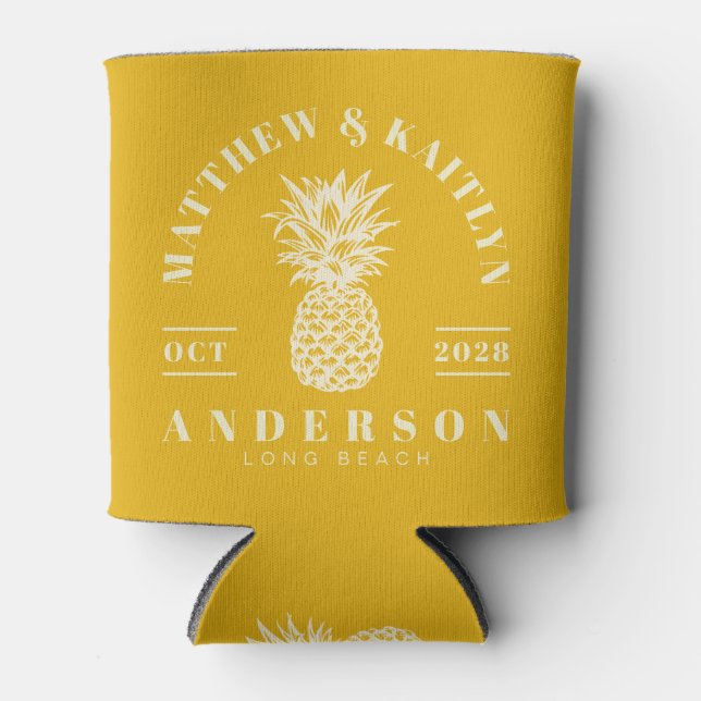 Warm Sunflower Tropical Pineapple Wedding Crest Can Cooler (Front)