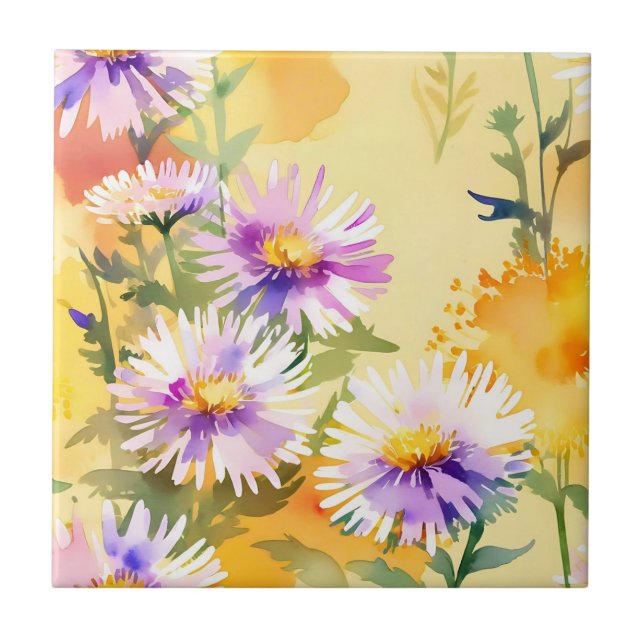 Warm Sunlit Aster Flowers on Light Yellow  Tile (Front)