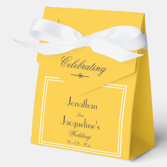 Warm Sunny Yellow White Bow Black Script Names Favour Box (Front)