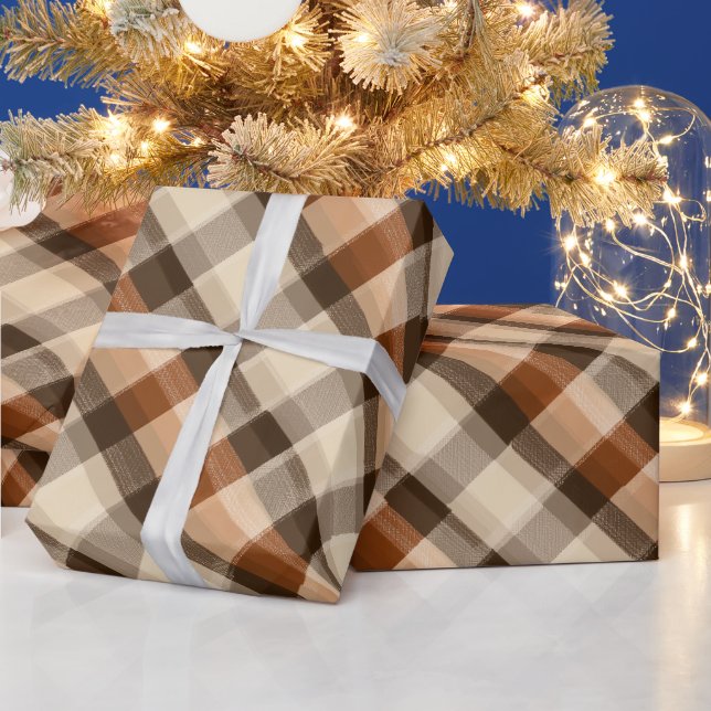 Warm Tan Brown Cabin Check Oak Plaid Pattern Wrapping Paper (Holidays)
