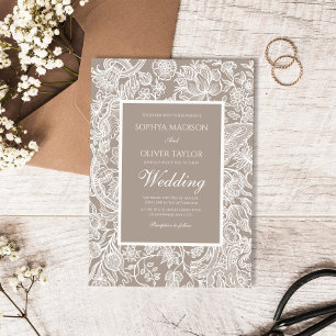 Warm Taupe Beige Line Art Wildflower Invitation