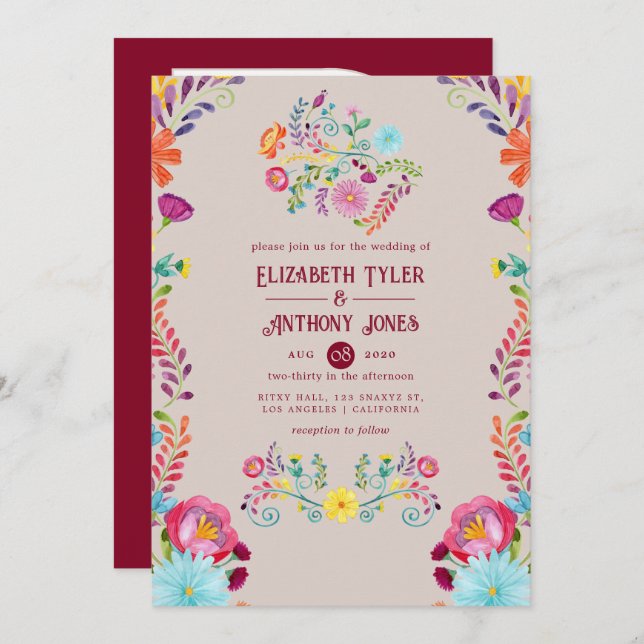 Warm Taupe/Burgundy Floral Mexican Fiesta Wedding Invitation (Front/Back)