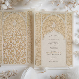 Warm Taupe & Cream Lace Art Nouveau Wedding Invitation