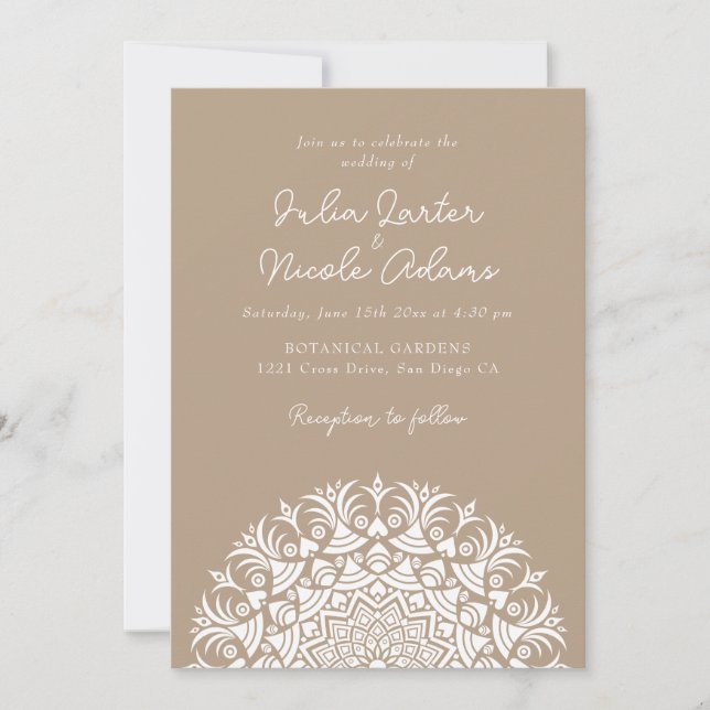 Warm Taupe Greige Abstract Mandala Wedding Invitation (Front)