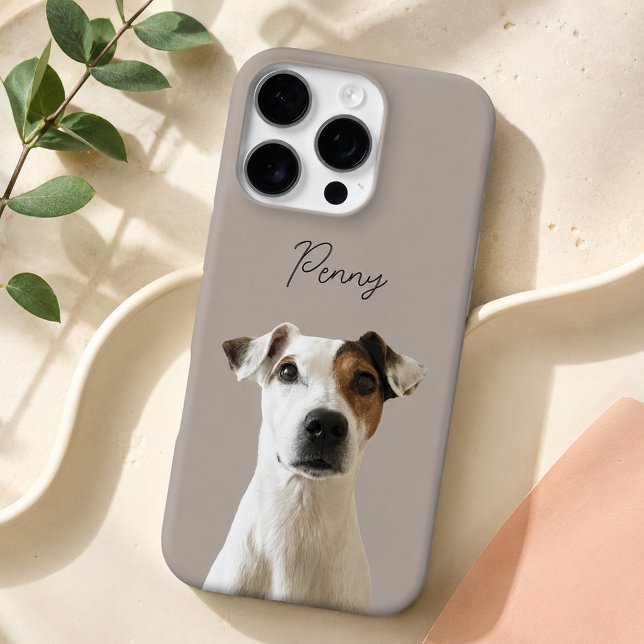 Warm Taupe Modern Dog Photo and Script Pet Name iPhone Case (Creator Uploaded)