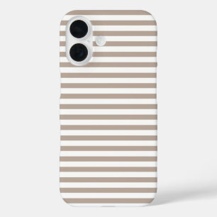 Warm Taupe & White Cute Horizontal Striped iPhone 16 Case