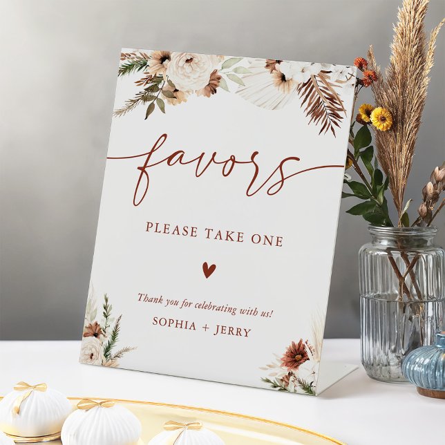 Warm Terracotta Earthy Boho Floral Favours Wedding Pedestal Sign (Creator Uploaded)